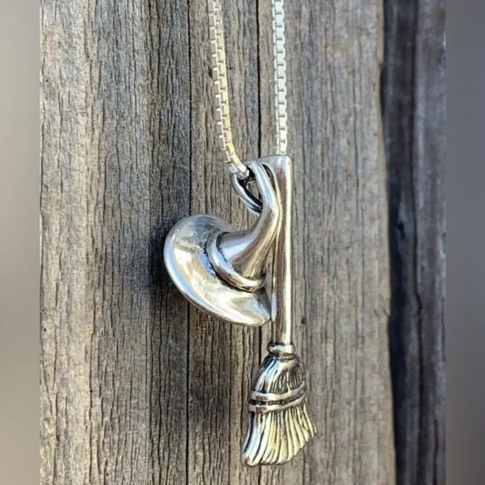 Goth Necklace Witch’s Broom & Hat, Silver Color, Engraved Design Layering Piece